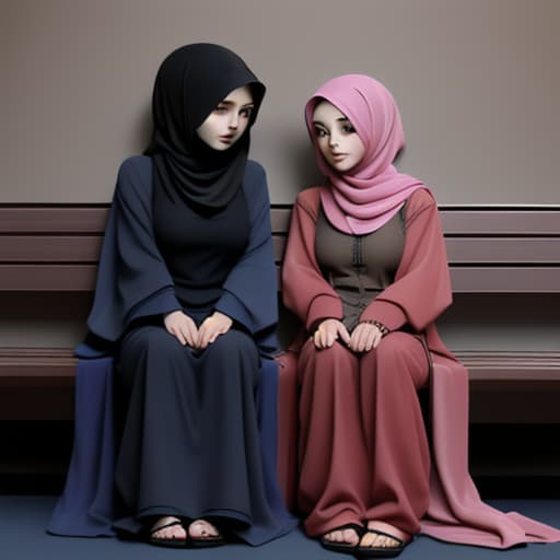  2 women wearing hijabs, long clothes, they sat together