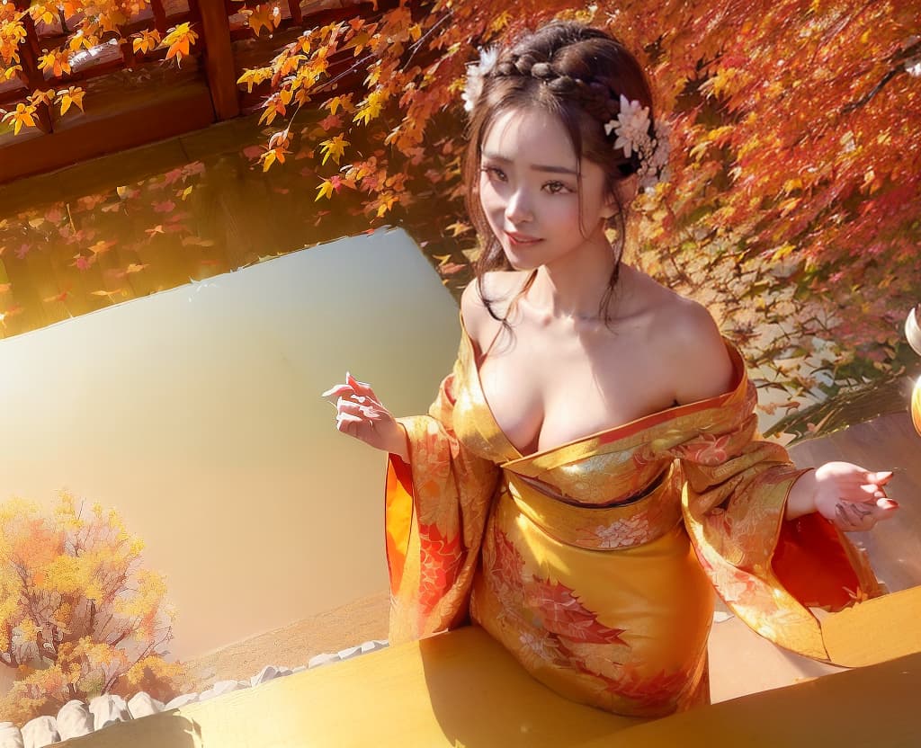  a cute girl, ((top gravure idol, kawaii, 20 years old):1.2), ((shiny brown half-up braid hair arranged by world famous hair makeup artist):1.3), ((beautiful white skin, smiling and looking at viewer):1.3), (radiant colors:1.3),
((gorgeous sheer impressive kimono, Advanced costumes created by artists who pursue japanese natural beauty):1.4), ((dynamic pose,raise one foot high):1.3) , ((the autumn leaves of Ruriko-in Temple, (the impressive scenery of autumn leaves outside is reflected on the mirror-like beautiful table), the red and yellow maple trees ,the spectacular variety of colorful autumn leaves in the garden can be seen from the Shoin-zukuri room,Sukiya architecture):1.4)
BREAK
(photorealistic:1.2), ((Fine Details and Realistic T hyperrealistic, full body, detailed clothing, highly detailed, cinematic lighting, stunningly beautiful, intricate, sharp focus, f/1. 8, 85mm, (centered image composition), (professionally color graded), ((bright soft diffused light)), volumetric fog, trending on instagram, trending on tumblr, HDR 4K, 8K