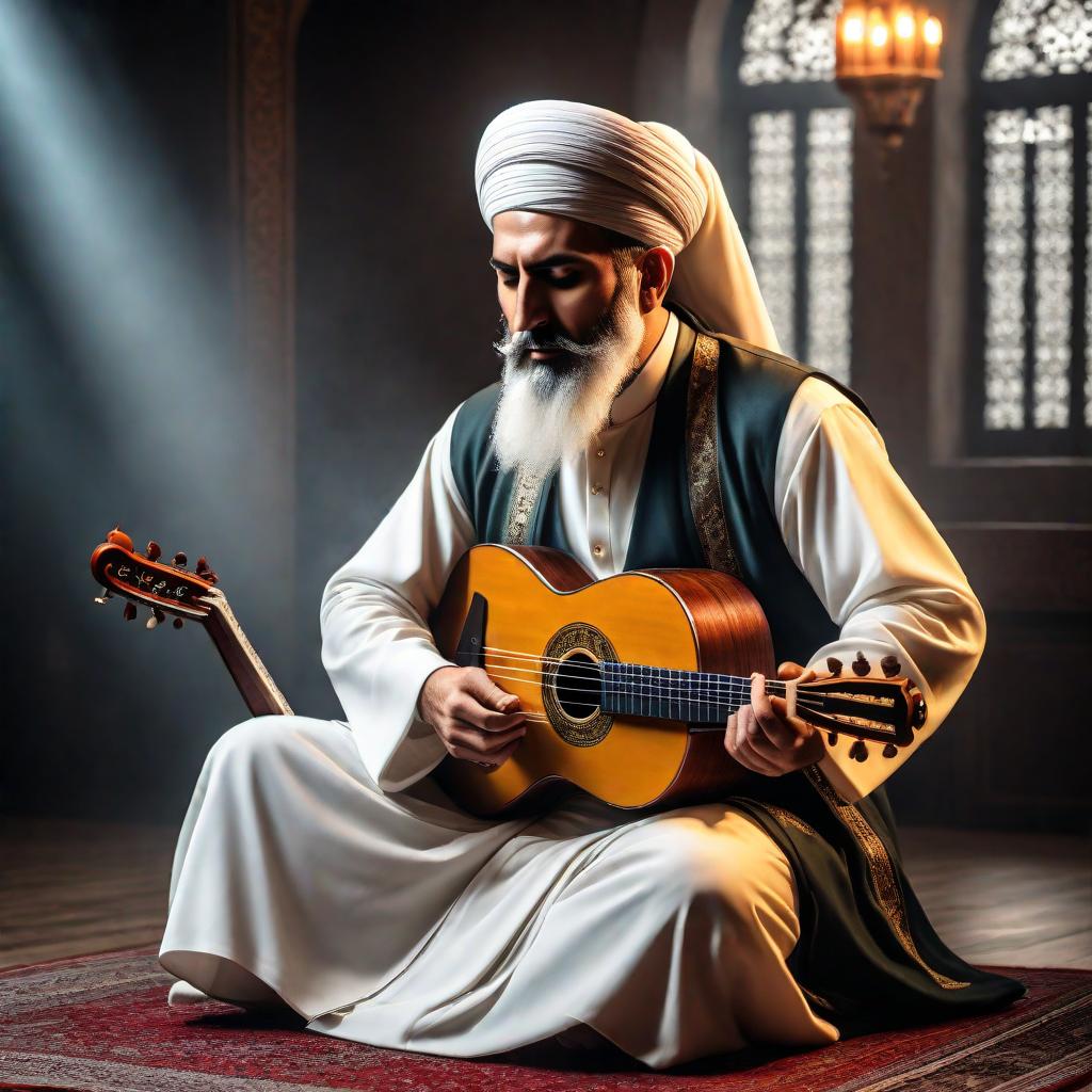  Picture a person whose music list consists of 15% of mevlevi sufi genre, 3% of bozlak genre, 6% of ilahiler genre, 3% of duduk genre, 3% of baglama genre, 6% of turkish instrumental genre, 9% of turk sanat muzigi genre, 15% of ney genre, 6% of sufi chant genre, 33% of turkish classical genre. This person's style should reflect all the music genres he listens to, from more to less, depending on their dominance. hyperrealistic, full body, detailed clothing, highly detailed, cinematic lighting, stunningly beautiful, intricate, sharp focus, f/1. 8, 85mm, (centered image composition), (professionally color graded), ((bright soft diffused light)), volumetric fog, trending on instagram, trending on tumblr, HDR 4K, 8K