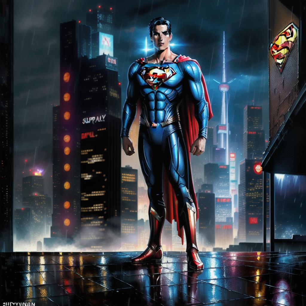  full body superman standing still in a city background. Comic book style, highly detailed, sharp details, award winning, raining, oil painting, cyberpunk