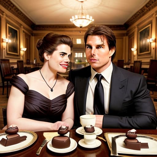  Tom Cruise and attractive Hayley Atwell, mission impossible sitting romantically together in a Kentucky mansion library room. Foreground plate of fine dark chocolates on a coffee table. Background Kentucky historic home. Painting style of Edgar Degas