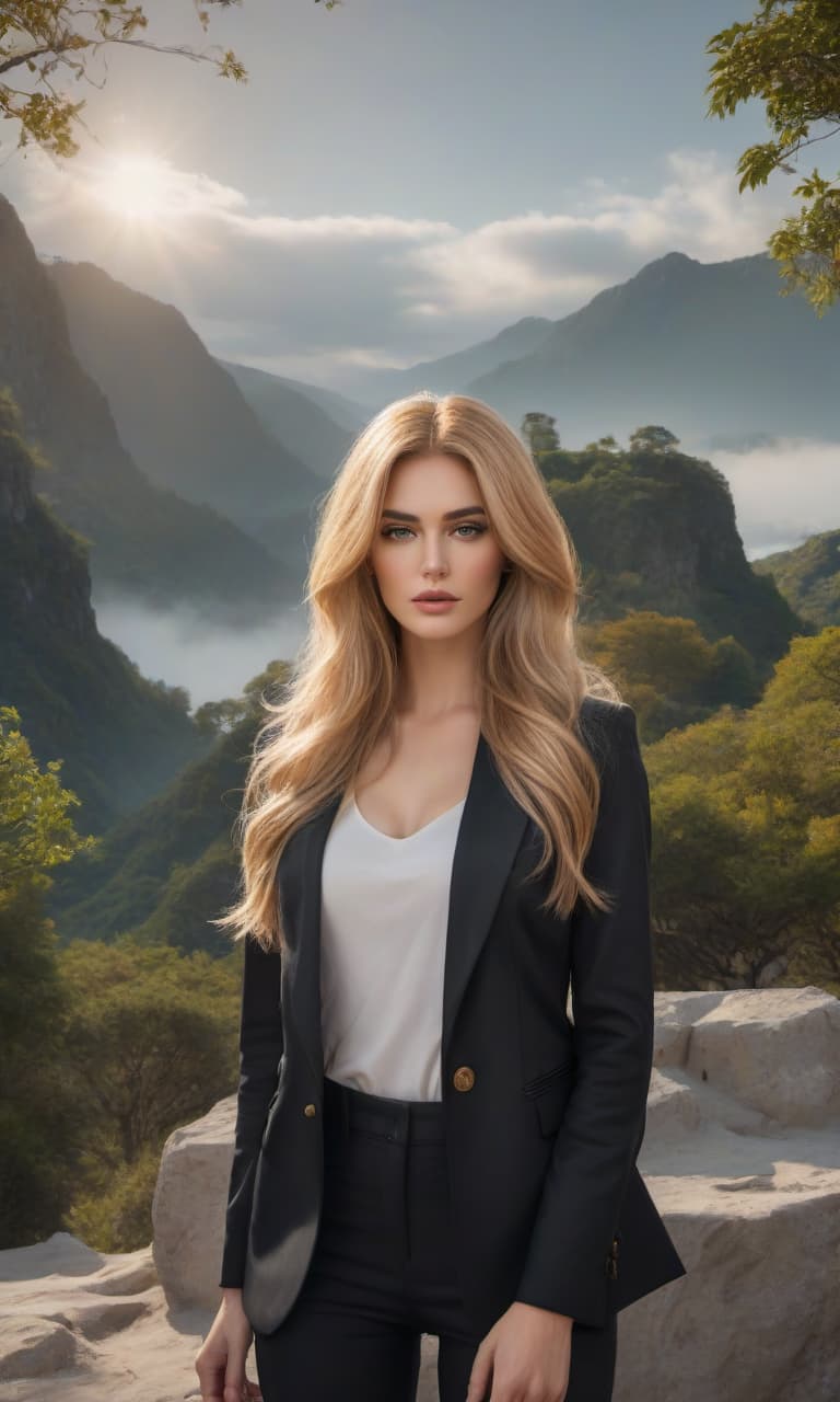  concept art A young woman, long golden hair, medium bust, long legs. Black jacket, black pants, white shirt, black loafers. . digital artwork, illustrative, painterly, matte painting, highly detailed hyperrealistic, full body, detailed clothing, highly detailed, cinematic lighting, stunningly beautiful, intricate, sharp focus, f/1. 8, 85mm, (centered image composition), (professionally color graded), ((bright soft diffused light)), volumetric fog, trending on instagram, trending on tumblr, HDR 4K, 8K