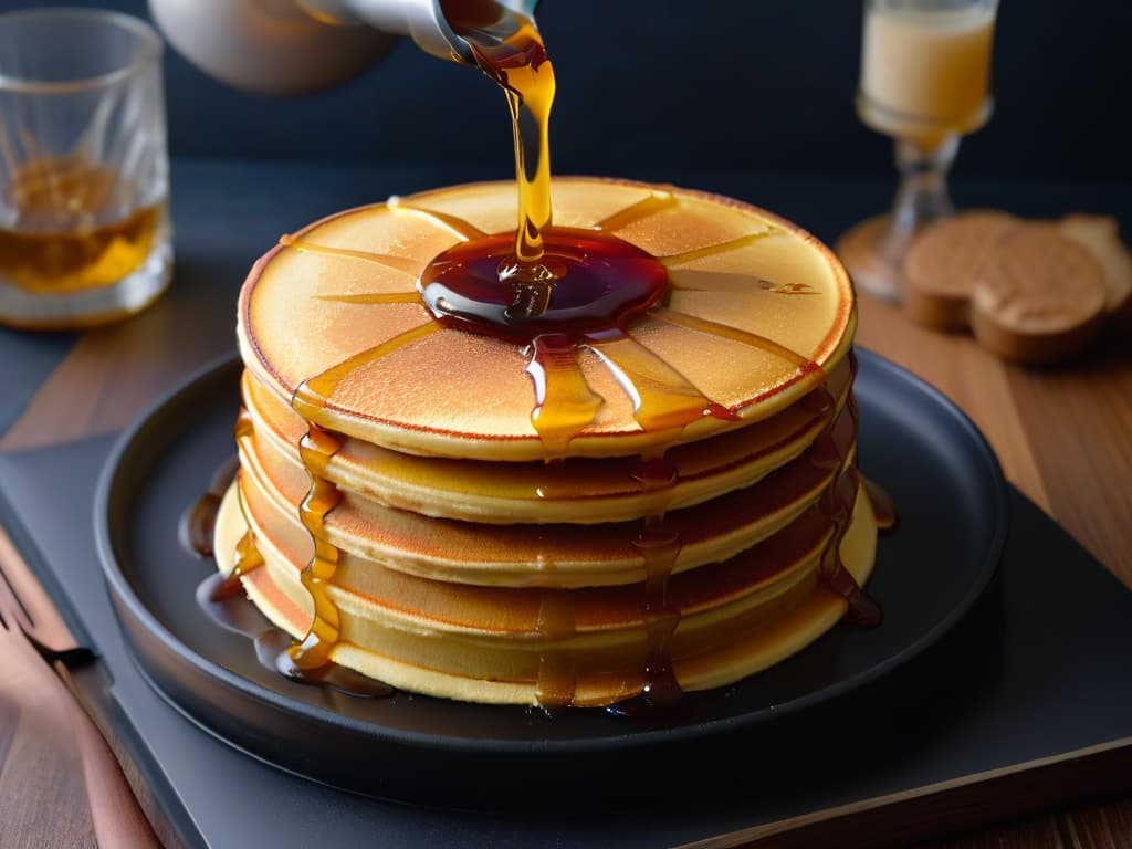  A closeup, ultradetailed image of golden, thick maple syrup being drizzled meticulously over a stack of fluffy pancakes on a sleek, matte black plate. The syrup cascades smoothly over the edges, forming a mesmerizing pattern as it pools at the base of the stack. Each drop of syrup glistens, capturing the light in a way that highlights its rich amber hue. The pancakes are perfectly round, with a slight steam rising from their warm surface, evoking a sense of comfort and indulgence. The contrast between the dark plate, golden syrup, and the light, fluffy pancakes creates a visually striking and appetizing composition that embodies the essence of maple syrupinfused culinary delights. hyperrealistic, full body, detailed clothing, highly detailed, cinematic lighting, stunningly beautiful, intricate, sharp focus, f/1. 8, 85mm, (centered image composition), (professionally color graded), ((bright soft diffused light)), volumetric fog, trending on instagram, trending on tumblr, HDR 4K, 8K