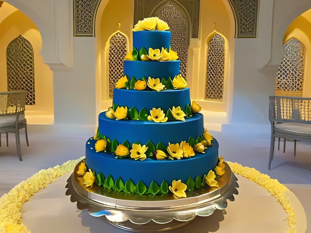  An intricately designed threetiered Moroccan wedding cake, adorned with vibrant sugar flowers, delicate gold filigree details, and intricate geometric patterns, set against a backdrop of traditional Moroccan tiles in bold blues, greens, and yellows. The cake is displayed on a simple, elegant silver cake stand, with soft natural light casting shadows that enhance the intricate detailing of the edible masterpiece. hyperrealistic, full body, detailed clothing, highly detailed, cinematic lighting, stunningly beautiful, intricate, sharp focus, f/1. 8, 85mm, (centered image composition), (professionally color graded), ((bright soft diffused light)), volumetric fog, trending on instagram, trending on tumblr, HDR 4K, 8K