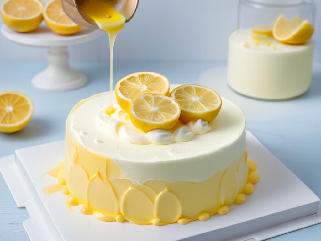  A closeup, photorealistic image of a vibrant lemon essential oil being carefully dropped into a bowl of fluffy vanilla cake batter, with the oil swirling delicately into the mixture, creating a beautiful marbled effect. The soft natural light highlights the texture of the batter and the glistening droplets of oil, evoking a sense of freshness and culinary artistry. hyperrealistic, full body, detailed clothing, highly detailed, cinematic lighting, stunningly beautiful, intricate, sharp focus, f/1. 8, 85mm, (centered image composition), (professionally color graded), ((bright soft diffused light)), volumetric fog, trending on instagram, trending on tumblr, HDR 4K, 8K