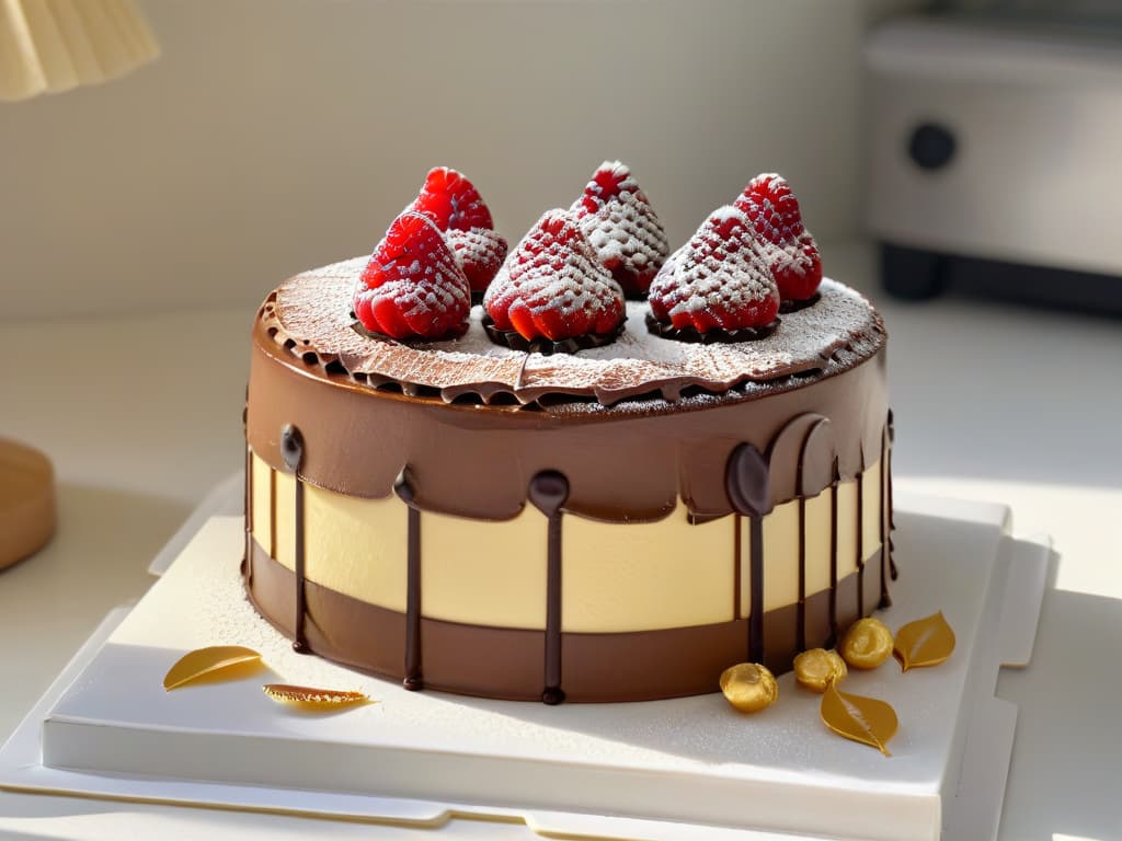  A photorealistic closeup image of a glossy, intricately decorated French Opera Cake, showcasing its multiple layers of almond sponge cake, coffee buttercream, and chocolate ganache, finished with a delicate gold leaf and a single shimmering raspberry on top. The cake is presented on a elegant silver cake stand, set against a softfocused background of a bustling Parisian bakery, with pastry chefs in crisp white uniforms working meticulously in the background. hyperrealistic, full body, detailed clothing, highly detailed, cinematic lighting, stunningly beautiful, intricate, sharp focus, f/1. 8, 85mm, (centered image composition), (professionally color graded), ((bright soft diffused light)), volumetric fog, trending on instagram, trending on tumblr, HDR 4K, 8K