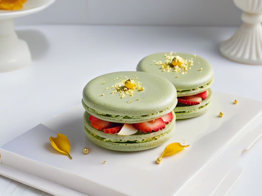  A closeup, ultradetailed image of a delicate, intricately designed glutenfree macaron, showcasing its smooth, glossy surface with a subtle shimmer of edible gold dust. The macaron is elegantly placed on a sleek, modern marble countertop, surrounded by a few scattered rose petals, enhancing the luxurious and sophisticated feel of the image. The pastel color of the macaron contrasts beautifully with the white marble, creating a visually stunning and appetizing composition that exudes elegance and refinement. hyperrealistic, full body, detailed clothing, highly detailed, cinematic lighting, stunningly beautiful, intricate, sharp focus, f/1. 8, 85mm, (centered image composition), (professionally color graded), ((bright soft diffused light)), volumetric fog, trending on instagram, trending on tumblr, HDR 4K, 8K