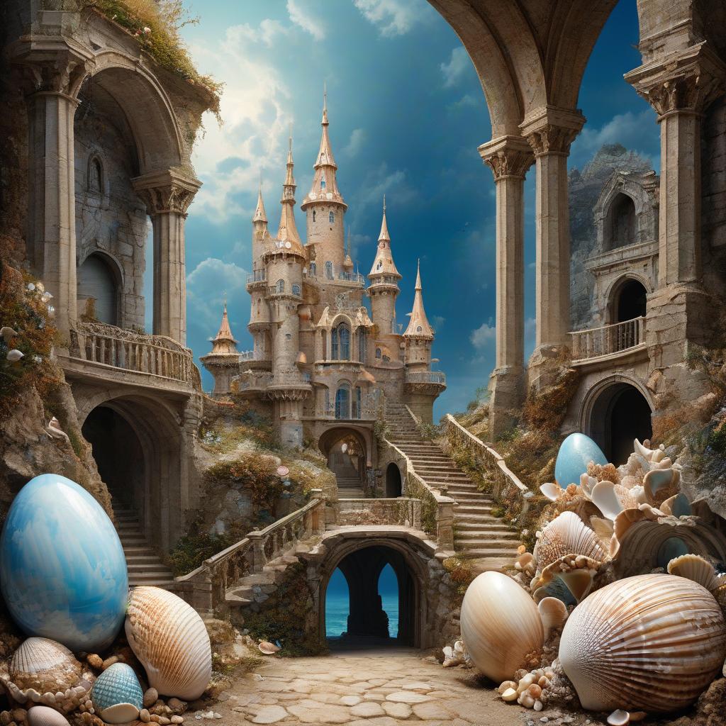  Dgital Image. Beautiful surrealistic castle created from seashells of different sizes and shapes. The towers are decorated with shells, the arches are made of shells, the stairs are made of shells:: lots of shells, shells. Stunning imagination, fabulous, unusual, with elements of mother of pearl:: patterned. Exquisite rocaille and fantasy surrealism. Decorative excesses. Background: sandy beach, sea and sun, highlights on water. Josephine's Wall. Fragonard and Antoine Watteau. Sabbas Aptheros, Alfonso Mucha, Carole Buck, Andrew Jones, Gustav Klimt. High detail. High quality. HDR Lady Galadriel. A defended fortress, a palisade, a gloomy castle, iron, black stone. Standing against a background of mountains. Easter eggs. Blue. ((Sparkling rim) hyperrealistic, full body, detailed clothing, highly detailed, cinematic lighting, stunningly beautiful, intricate, sharp focus, f/1. 8, 85mm, (centered image composition), (professionally color graded), ((bright soft diffused light)), volumetric fog, trending on instagram, trending on tumblr, HDR 4K, 8K