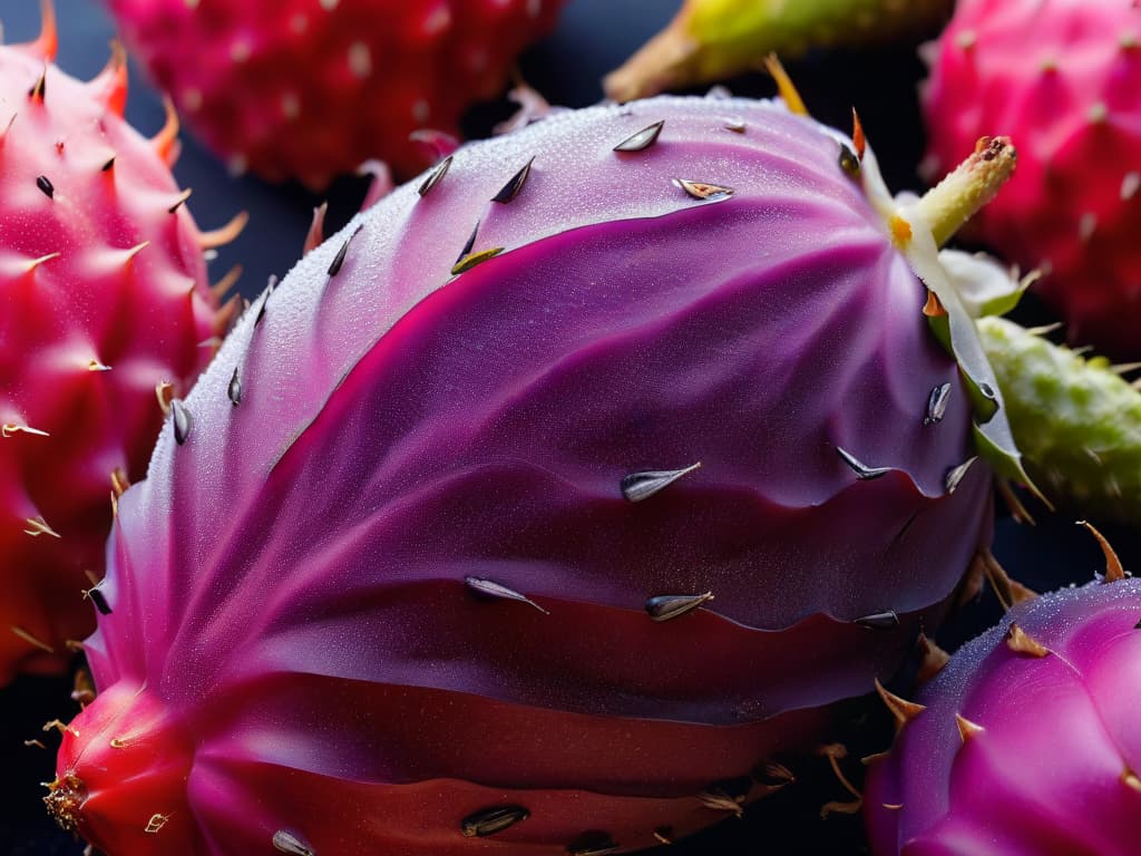  A closeup, photorealistic image of a vibrant prickly pear fruit (higo chumbo) sliced in half to reveal its juicy, magentacolored interior filled with glistening seeds. The intricate details of the prickly pear's skin texture, the rich colors of the flesh, and the contrast between the seeds and pulp are vividly depicted, showcasing the fruit's freshness and potential for innovative dessert recipes. The image is captured in high resolution, emphasizing the intricate beauty of this desert fruit and inspiring culinary creativity. hyperrealistic, full body, detailed clothing, highly detailed, cinematic lighting, stunningly beautiful, intricate, sharp focus, f/1. 8, 85mm, (centered image composition), (professionally color graded), ((bright soft diffused light)), volumetric fog, trending on instagram, trending on tumblr, HDR 4K, 8K