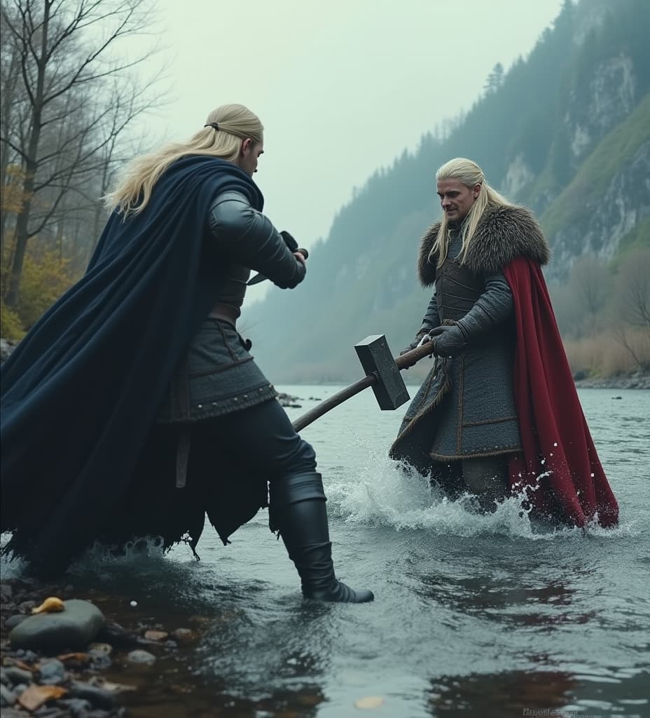  good quality, high quality, got it! i'll create an image of rhaegar targaryen fighting robert baratheon over the trident river, with robert wielding a two handed warhammer and no dragons in sight. this might take a moment.