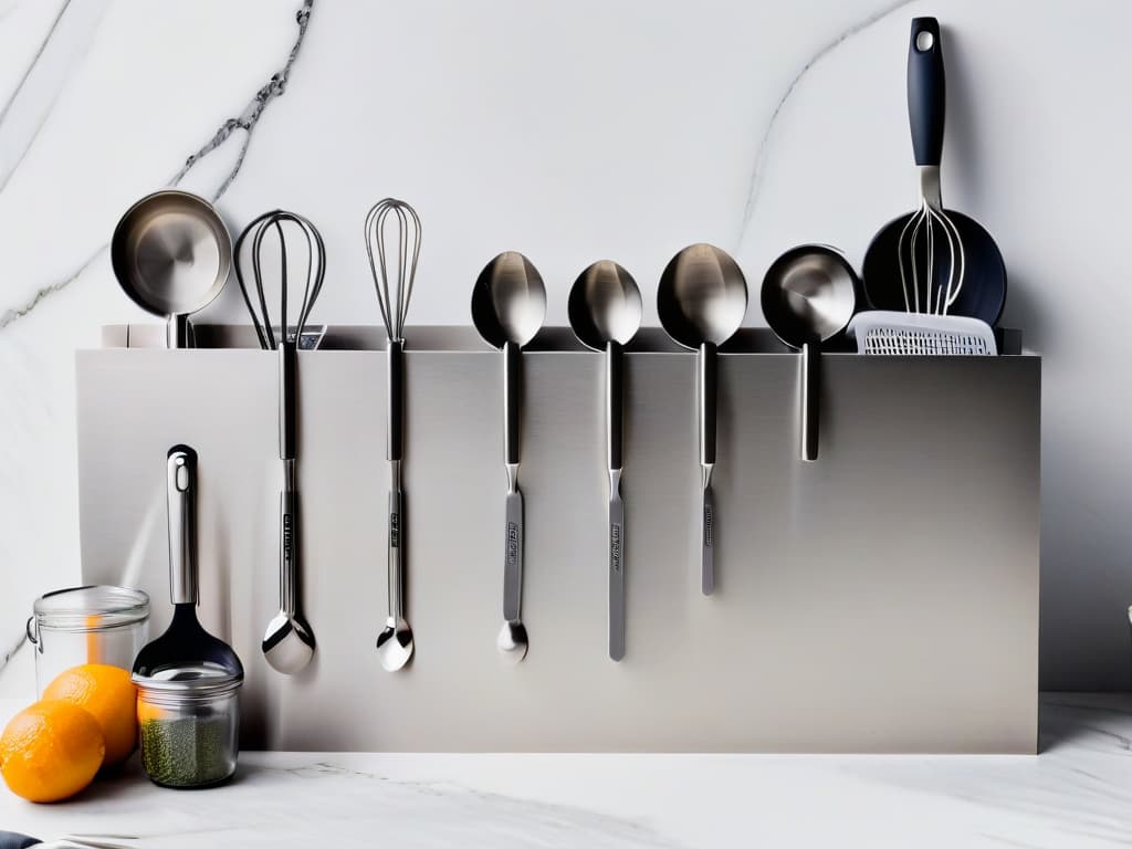  An intricately designed, minimalist kitchen utensil set arranged on a sleek marble countertop. The tools include a precision scale, a set of measuring spoons, a whisk, a silicone spatula, and a piping bag with assorted tips neatly organized. The soft overhead lighting highlights the polished stainless steel of the utensils against the clean, white backdrop, exuding a sense of precision and professionalism essential for achieving pastry perfection. hyperrealistic, full body, detailed clothing, highly detailed, cinematic lighting, stunningly beautiful, intricate, sharp focus, f/1. 8, 85mm, (centered image composition), (professionally color graded), ((bright soft diffused light)), volumetric fog, trending on instagram, trending on tumblr, HDR 4K, 8K