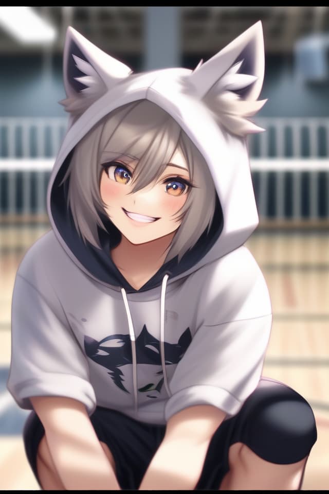  (Close up of the upper body) Beautiful Wolf Beastie, Masterpiece, Wolf Ears, Hoodie, Shorts, Sneakers, Sitting in Gym, SMILING, SMILING, HIGH Quality, 16k