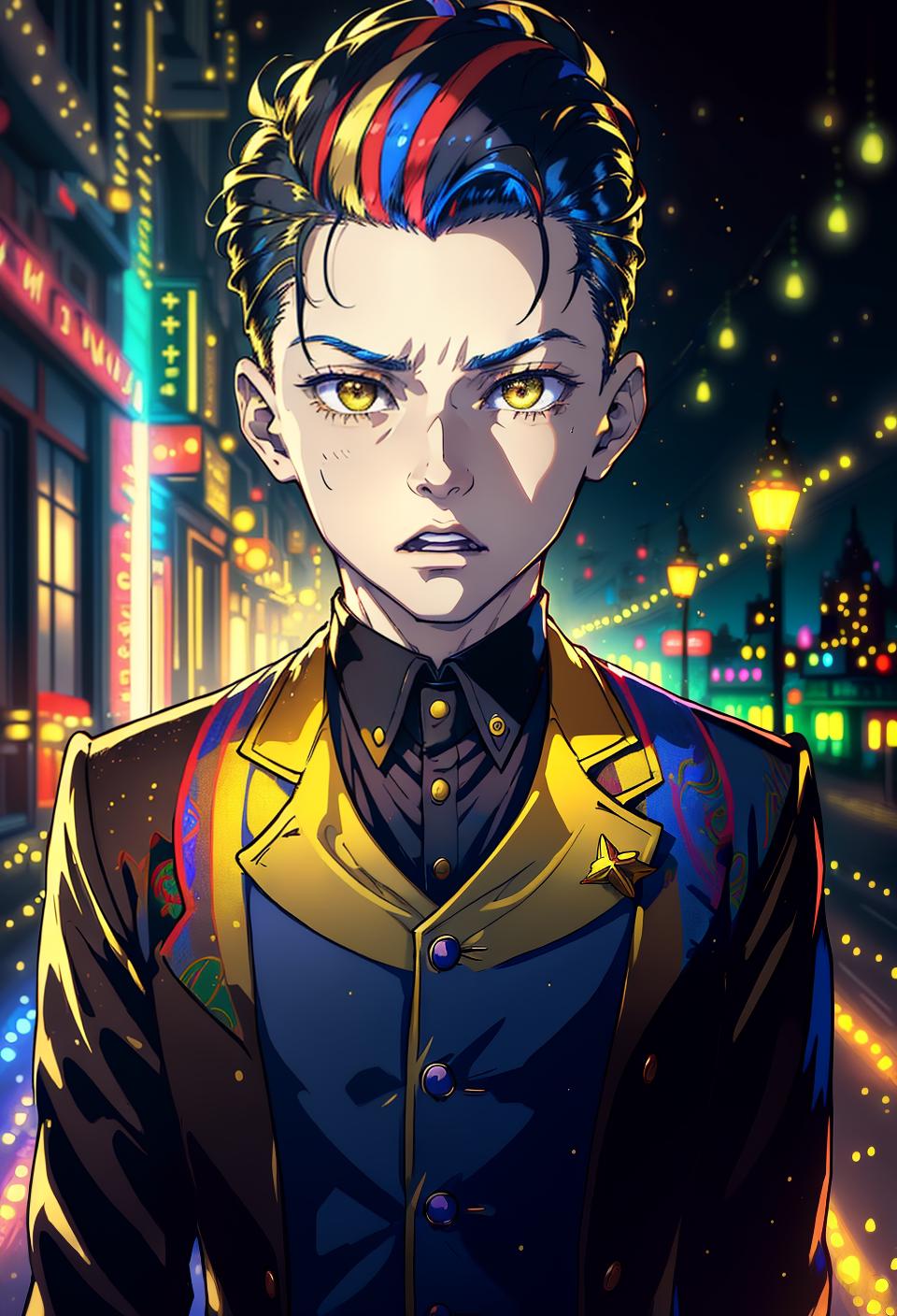  ((trending, highres, masterpiece, cinematic shot)), 1boy, young, male Christmas outfit, psychedelic effects, long spiked rainbow hair, hair slicked back,  yellow eyes, rational personality, surprised expression, very pale skin, orderly, limber