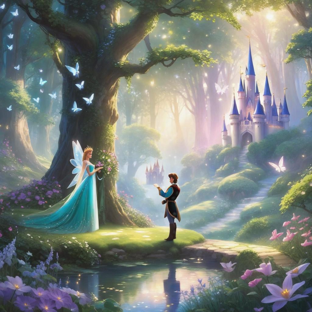  ((((Based on the original image, reflect the following:
1. Add the prince character interacting with the fairy: The current image only shows the fairy, but according to the provided description, the prince should also be present. Adding the prince and showing him interacting with the fairy will better represent the scene described.

2. Enhance the magical forest background: To create a more immersive atmosphere, include elements such as a magical forest, colorful flowers, and sparkling streams. These details will help set the scene and create a more fantastical environment.

3. Include objects related to the story: To align with the provided description, add objects like pages from a storybook or other elements that represent the adventure  hyperrealistic, full body, detailed clothing, highly detailed, cinematic lighting, stunningly beautiful, intricate, sharp focus, f/1. 8, 85mm, (centered image composition), (professionally color graded), ((bright soft diffused light)), volumetric fog, trending on instagram, trending on tumblr, HDR 4K, 8K