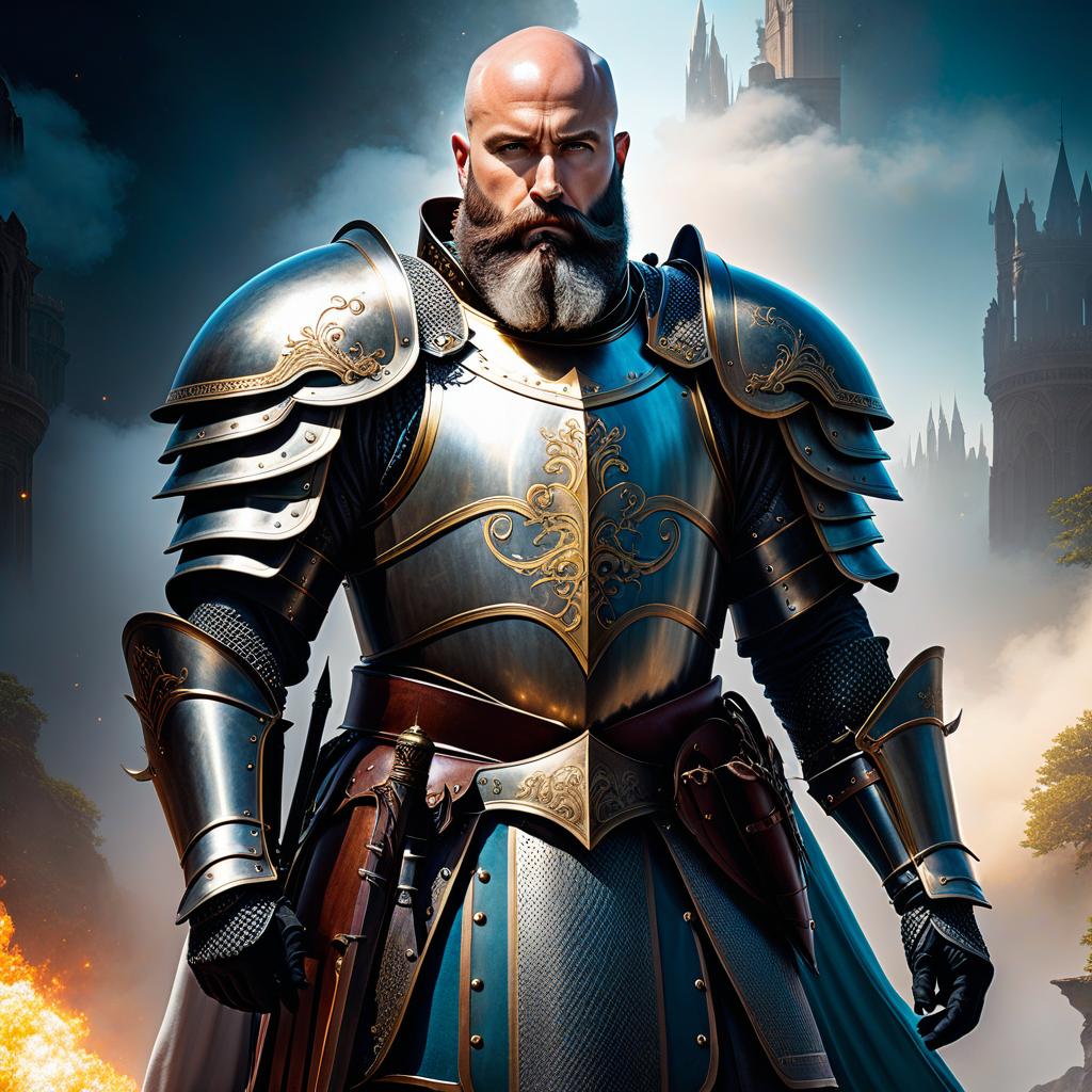  ethereal fantasy concept art of A bearded bald soldier in knight's armor, without a helmet . magnificent, celestial, ethereal, painterly, epic, majestic, magical, fantasy art, cover art, dreamy hyperrealistic, full body, detailed clothing, highly detailed, cinematic lighting, stunningly beautiful, intricate, sharp focus, f/1. 8, 85mm, (centered image composition), (professionally color graded), ((bright soft diffused light)), volumetric fog, trending on instagram, trending on tumblr, HDR 4K, 8K