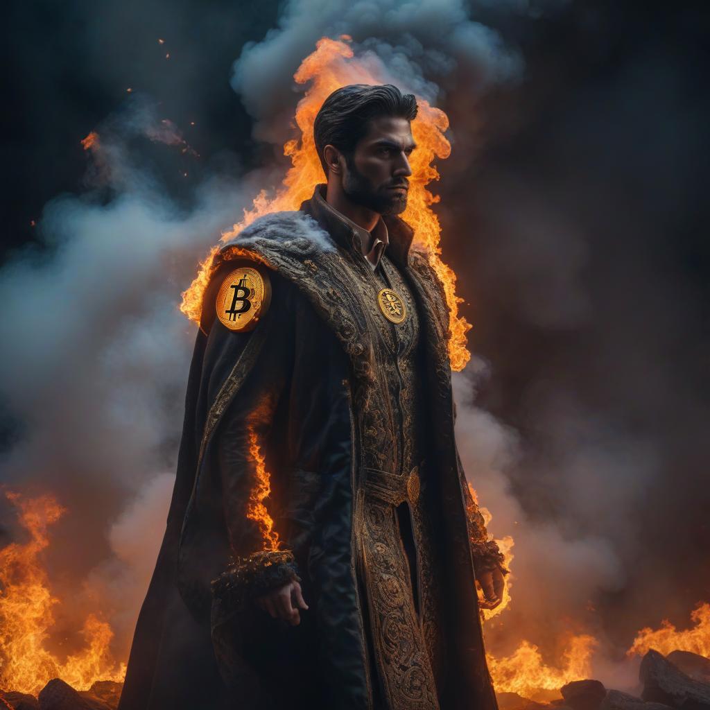  Bitcoin Fire hyperrealistic, full body, detailed clothing, highly detailed, cinematic lighting, stunningly beautiful, intricate, sharp focus, f/1. 8, 85mm, (centered image composition), (professionally color graded), ((bright soft diffused light)), volumetric fog, trending on instagram, trending on tumblr, HDR 4K, 8K