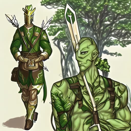  nature background warforged, his body fully is a tree body robot, behind him it's a large satchel bag, he holding a longbow in his hand, in large satchel bag is arrow, he wereing ranger clothes.