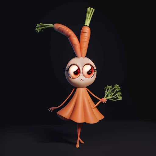  Cartoon carrot with big eyes stands dark background