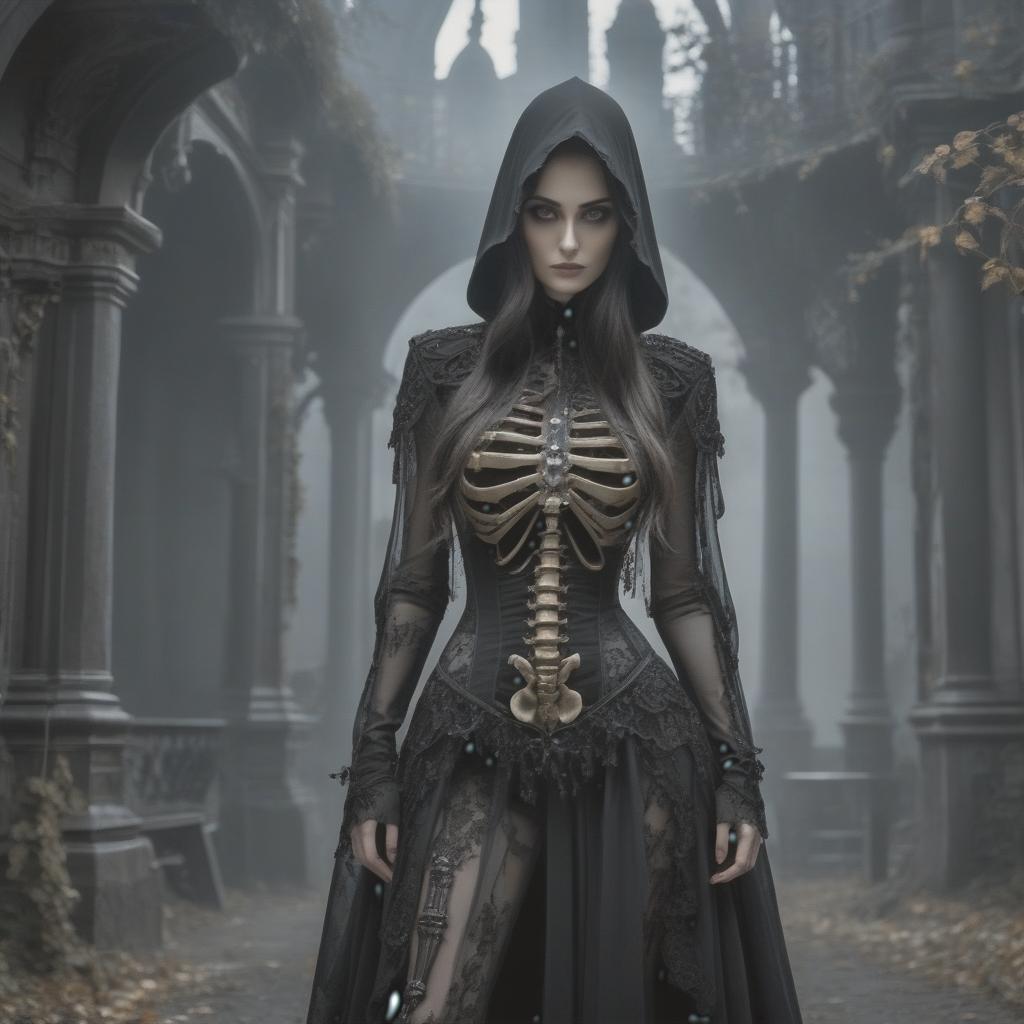  gothic style A girl must be a full grown woman in a detailed gothic dress in black color with elements of a partly transparent human skeleton in the front, long in the back. She should have a tilt to the side like death and wear a translucent mourning hood over white background. . dark, mysterious, haunting, dramatic, ornate, detailed hyperrealistic, full body, detailed clothing, highly detailed, cinematic lighting, stunningly beautiful, intricate, sharp focus, f/1. 8, 85mm, (centered image composition), (professionally color graded), ((bright soft diffused light)), volumetric fog, trending on instagram, trending on tumblr, HDR 4K, 8K