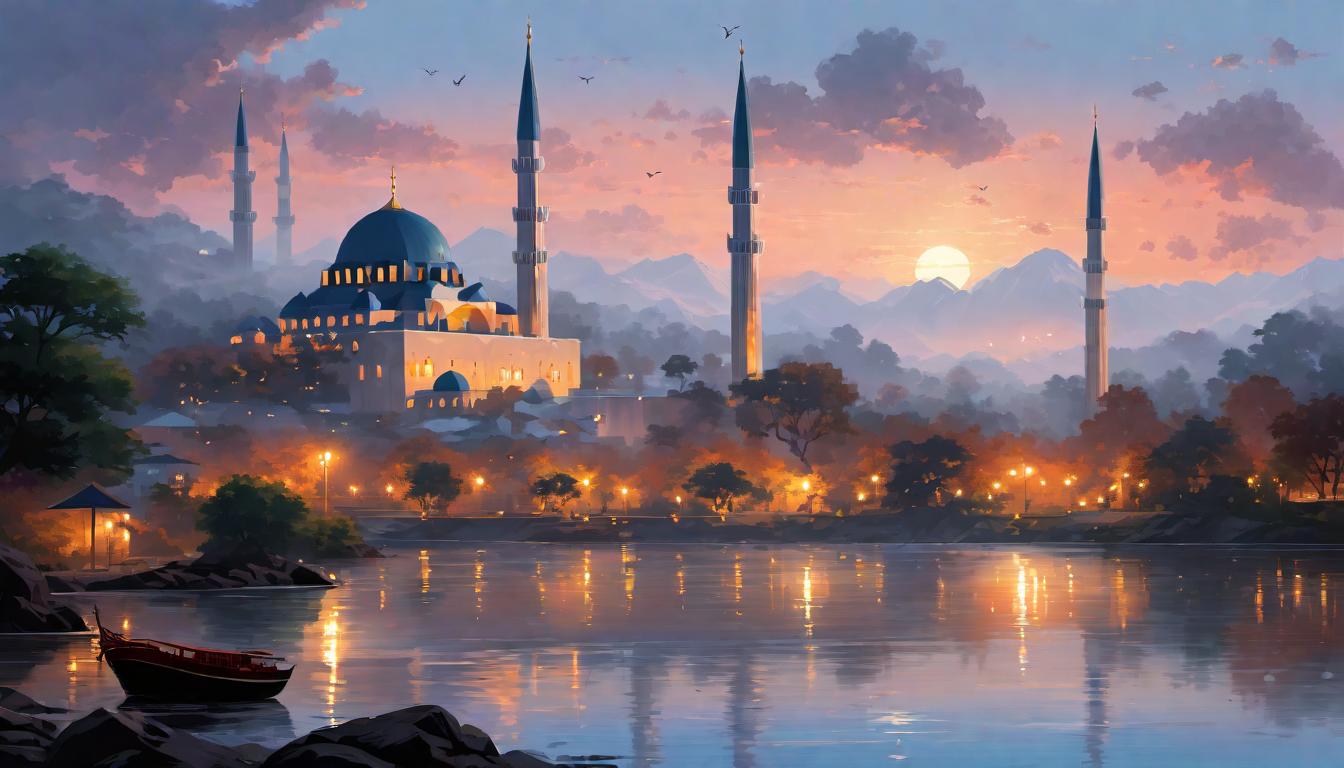  digital painting of A luminous skyline with a mosque rising prominently, unwavering faith visualized, peaceful dawn, uplifting, serene looking at viewer, dynamic pose, (intricate details, masterpiece, best quality)