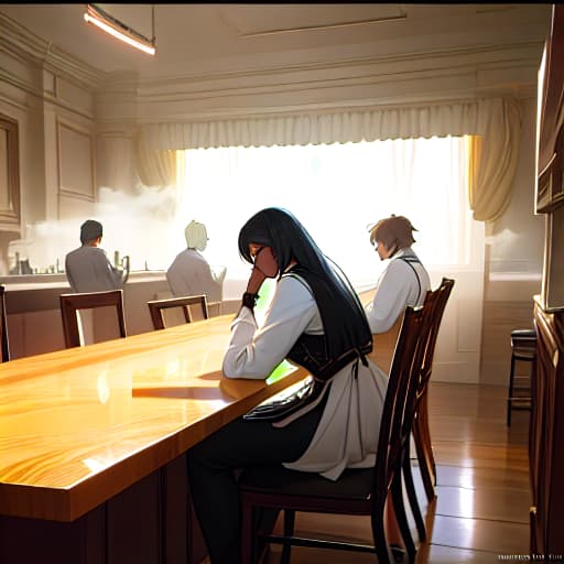  (black people sitting at table having coffee), anime, highly detailed, 4k, high quality, trending on art station hyperrealistic, full body, detailed clothing, highly detailed, cinematic lighting, stunningly beautiful, intricate, sharp focus, f/1. 8, 85mm, (centered image composition), (professionally color graded), ((bright soft diffused light)), volumetric fog, trending on instagram, trending on tumblr, HDR 4K, 8K