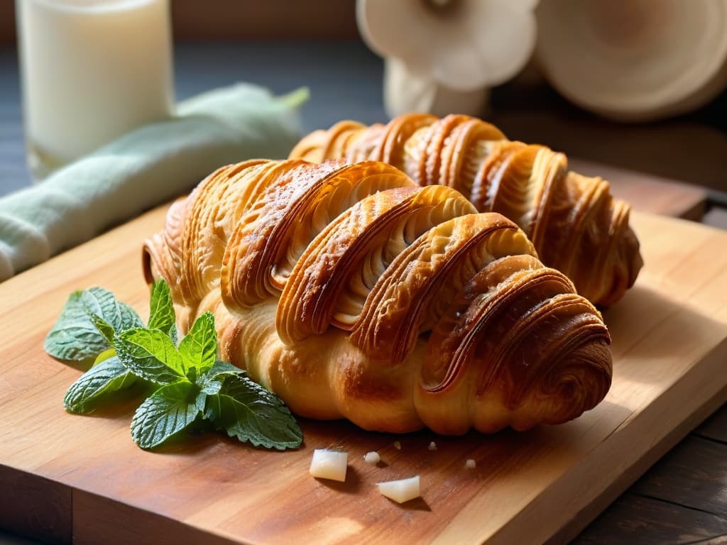  A closeup, ultradetailed image of a perfectly baked and golden whole grain croissant, with flaky layers visible and a light glaze on top, placed on a rustic wooden board next to a sprig of fresh mint leaves. The natural light coming from the side highlights the texture of the croissant, showcasing its wholesome ingredients and inviting, mouthwatering appearance. hyperrealistic, full body, detailed clothing, highly detailed, cinematic lighting, stunningly beautiful, intricate, sharp focus, f/1. 8, 85mm, (centered image composition), (professionally color graded), ((bright soft diffused light)), volumetric fog, trending on instagram, trending on tumblr, HDR 4K, 8K