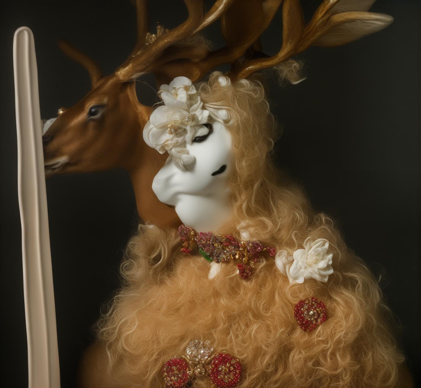  PHOTOGRAPH of a bright, Colorful and Shiny (((Meissen Porcelain DEER))) with a (((GLITTERY HAT))), (((Porcelain hair))) looking at the viewer, on a black background, Stunning Masterpiece, Wide angle, 3:2 aspect radio, with perfect expression and facial structure, LARGE EYES, in the style of FRAGONARD, ultra sharp focus, 8k, big dark eyes, closed mouth, (((45 degree light))),  hyperrealistic, full body, detailed clothing, highly detailed, cinematic lighting, stunningly beautiful, intricate, sharp focus, f/1. 8, 85mm, (centered image composition), (professionally color graded), ((bright soft diffused light)), volumetric fog, trending on instagram, trending on tumblr, HDR 4K, 8K