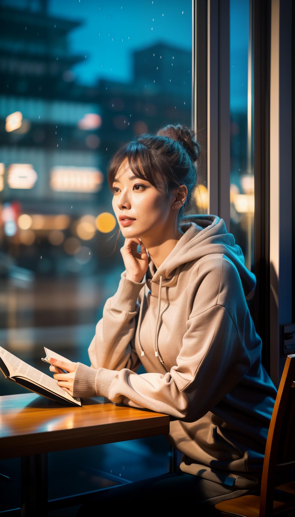  A realistic photo of a beautiful slim young Japanese woman, with light brown hair in a bun style, reading a book at a table in a modern cafe on a rainy winter morning, wearing a grey hoodie and black jeans, with the city illuminations visible through the window behind her. hyperrealistic, full body, detailed clothing, highly detailed, cinematic lighting, stunningly beautiful, intricate, sharp focus, f/1. 8, 85mm, (centered image composition), (professionally color graded), ((bright soft diffused light)), volumetric fog, trending on instagram, trending on tumblr, HDR 4K, 8K