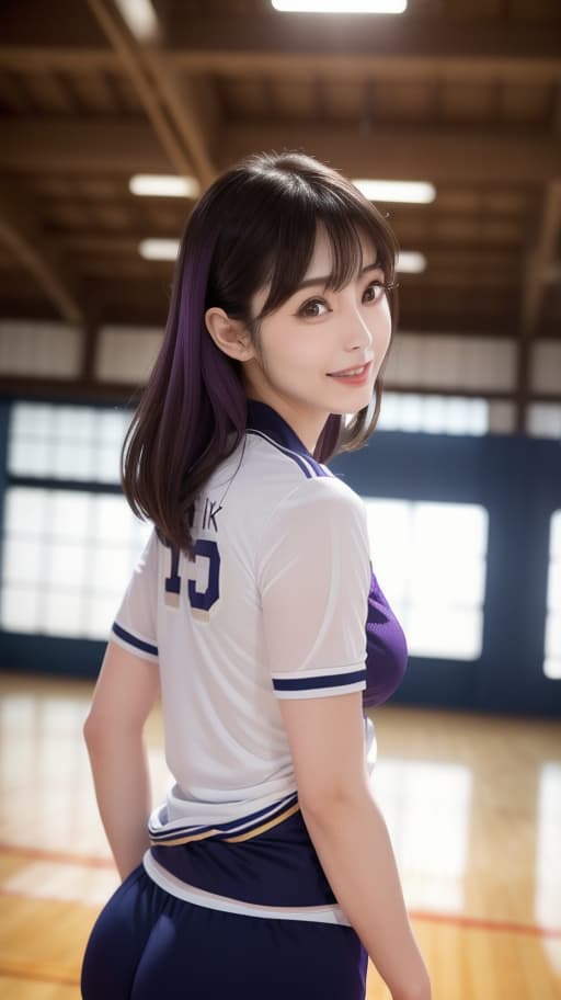  imagine 32K images, cinematography and exotic lighting, old beautiful , volleyball uniform, dark navy blue, in small bloomers, stripes, ((back shot)), sticking out, , nice round , nice C cup s, hands on hips, Japanese,. Cute, Big eyes, Long eyelashes, Fringed, Well-formed face, Pretty well-made eyes, Small face, ((((Nogizaka46 Ikuta Erika look alike )))), Smiling happily, Looking at viewer, Smiling, (Sweaty uniform), Gym, Indoor, Volleyball court, hyperrealistic, full body, detailed clothing, highly detailed, cinematic lighting, stunningly beautiful, intricate, sharp focus, f/1. 8, 85mm, (centered image composition), (professionally color graded), ((bright soft diffused light)), volumetric fog, trending on instagram, trending on tumblr, HDR 4K, 8K