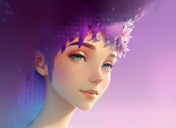  Closeup portrait of a white background with a purple gradient in the middle . , happy background, grass skin, flowers, earth elemental, hair made of flora, nature character, pixar, disney, symmetrical, stylised, soft lighting, wlop, rossdraws, concept art, digital painting