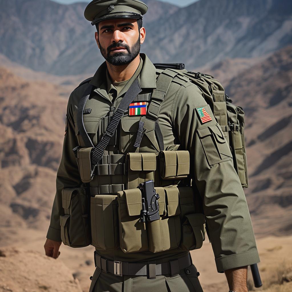  Iranian soilder with the pahlavi flag hyperrealistic, full body, detailed clothing, highly detailed, cinematic lighting, stunningly beautiful, intricate, sharp focus, f/1. 8, 85mm, (centered image composition), (professionally color graded), ((bright soft diffused light)), volumetric fog, trending on instagram, trending on tumblr, HDR 4K, 8K