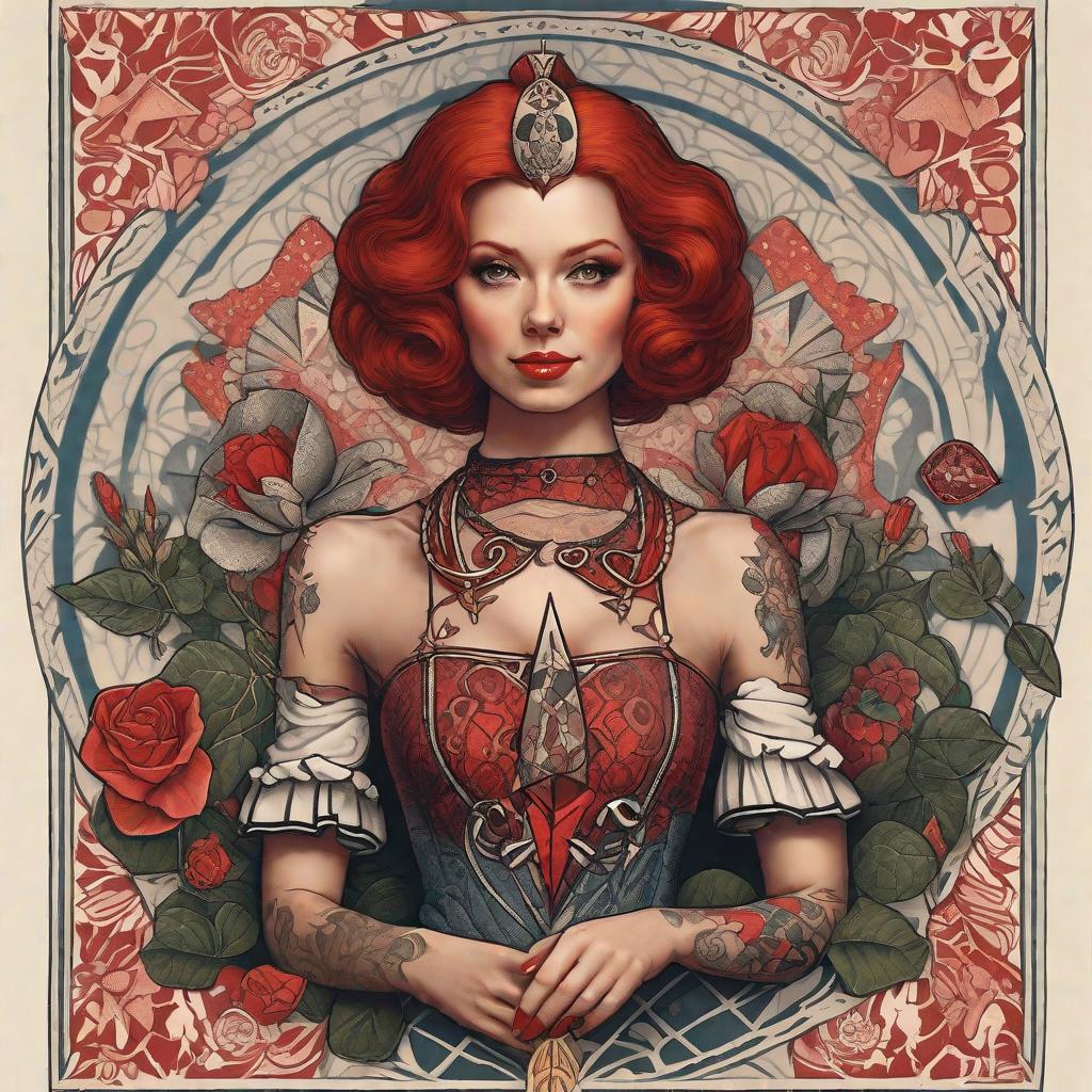  masterpiece, best quality, Redhead , , lipstick, smiling with a queen of spades tattoo, deep age