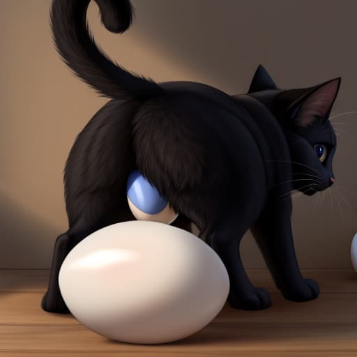  cat, egg, oviposition, black, back view, open eyes, digital art, masterpiece, 4k, fine details,