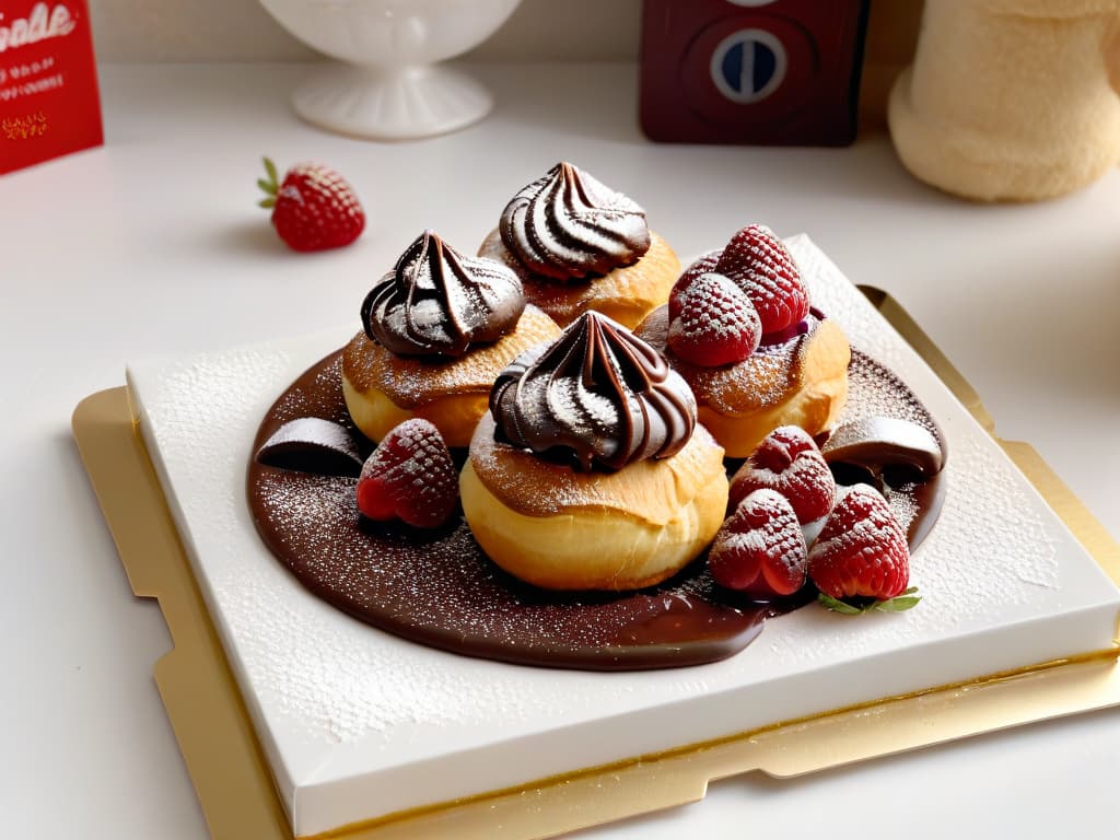  A closeup, photorealistic image of a plate of freshly made profiteroles saludables, showcasing their golden, crispy exteriors dusted with a light sprinkle of powdered sugar. The profiteroles are generously filled with a rich, creamy, and velvety dark chocolate mousse, garnished with a few fresh raspberries on the side. The plate is elegantly arranged on a rustic wooden tabletop, with a delicate dusting of cocoa powder scattered around, creating a visually appealing and appetizing scene. hyperrealistic, full body, detailed clothing, highly detailed, cinematic lighting, stunningly beautiful, intricate, sharp focus, f/1. 8, 85mm, (centered image composition), (professionally color graded), ((bright soft diffused light)), volumetric fog, trending on instagram, trending on tumblr, HDR 4K, 8K