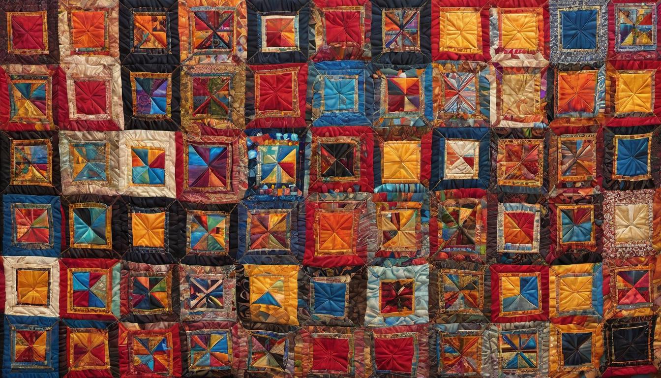  digital painting of A patchwork quilt, each square representing a global issue hunger, inequality, warfare stitched together by golden threads, hands at work in the corners, the act of mending, solidarity in action, quilt spans vast, each square a vivid story, golden threads shine with hope, craftsmanship of cooperation looking at viewer, dynamic pose, (intricate details, masterpiece, best quality)