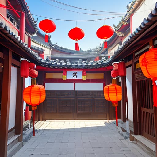  Chinese traditional buildings, lanterns hanging under the eaves, double happiness and "inverted" blessing pasted on the door,