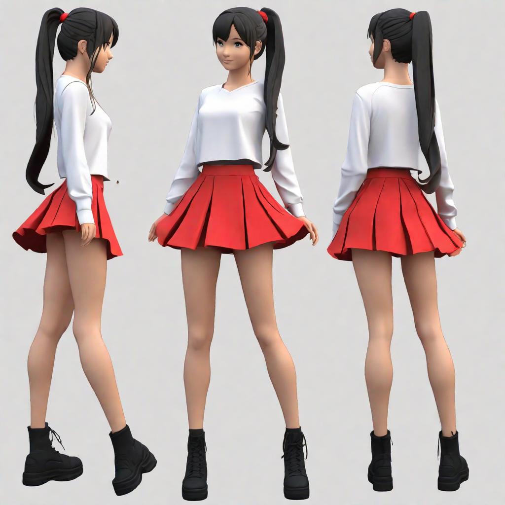  masterpiece, best quality, 1 cute girl,(ponytail, white T-shirt, red skirt), full body, three views (front view, side view, 3/4 side view),Tpose, hands and feet visible, Miyazaki style