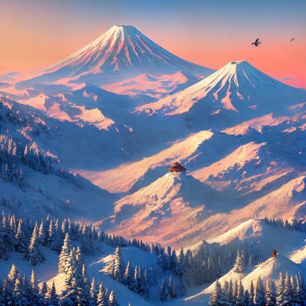  A masterpiece of富士山下雪, depicting the snowy scene in the highest quality and detail. The artwork captures the breathtaking beauty of the snow-covered Mount Fuji in 8k resolution, showcasing the delicate snowflakes and intricate details of the landscape. The main subject of the scene is a lone skier ((gracefully gliding down the slope)), accompanied by a flock of birds in the sky. The skier's vibrant red jacket stands out against the white backdrop, adding a pop of color to the composition. The medium used for this artwork is oil painting, and it is done in a realistic style, reminiscent of the great landscape artist, Thomas Moran. The scene is illuminated by the soft, golden light of the setting sun, casting long shadows on the pri hyperrealistic, full body, detailed clothing, highly detailed, cinematic lighting, stunningly beautiful, intricate, sharp focus, f/1. 8, 85mm, (centered image composition), (professionally color graded), ((bright soft diffused light)), volumetric fog, trending on instagram, trending on tumblr, HDR 4K, 8K