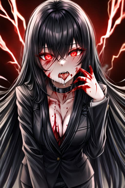  long black hair,glowing red eyes,red eyeliner,suit,covered in blood,licking fingers and drooling,Stylish women, hot, cinematic lightning, medium shot, masterpiece, best quality, high quality, solo