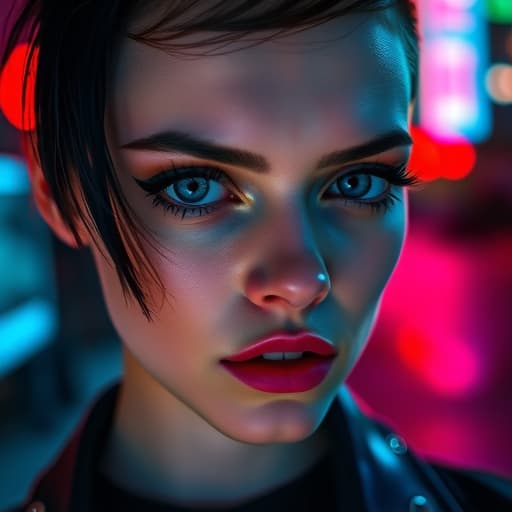  ultra realistic close up portrait ((beautiful pale cyberpunk female with heavy black eyeliner)), blue eyes, shaved side haircut, hyper detail, cinematic lighting, magic neon, dark red city, canon eos r3, nikon, f/1.4, iso 200, 1/160s, 8k, raw, unedited, symmetrical balance, in frame, 8k hyperrealistic, full body, detailed clothing, highly detailed, cinematic lighting, stunningly beautiful, intricate, sharp focus, f/1. 8, 85mm, (centered image composition), (professionally color graded), ((bright soft diffused light)), volumetric fog, trending on instagram, trending on tumblr, HDR 4K, 8K