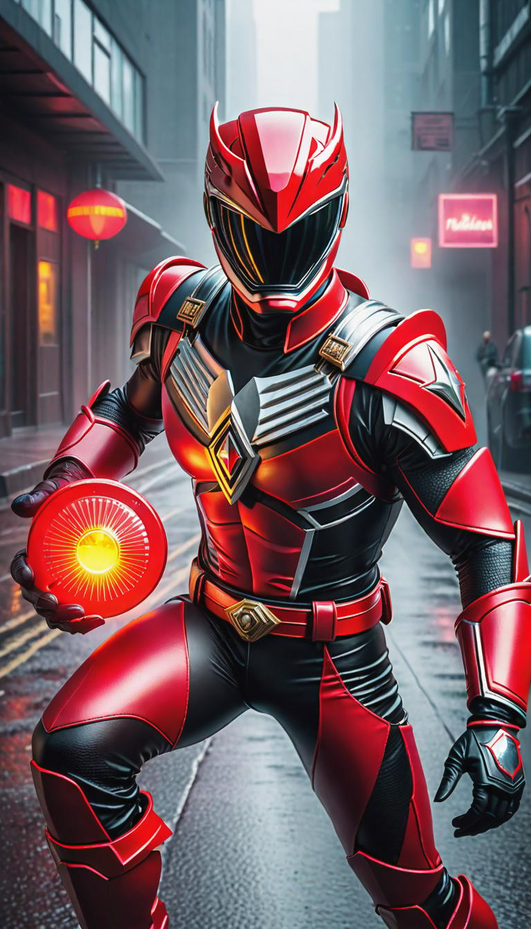  Cyberpunk style depiction of Donnie Wahlberg as a red Power Ranger with a red gem on his belt. The scene is set in a world where technology has advanced, but society and human conditions have not, creating a gritty, dystopian atmosphere. hyperrealistic, full body, detailed clothing, highly detailed, cinematic lighting, stunningly beautiful, intricate, sharp focus, f/1. 8, 85mm, (centered image composition), (professionally color graded), ((bright soft diffused light)), volumetric fog, trending on instagram, trending on tumblr, HDR 4K, 8K