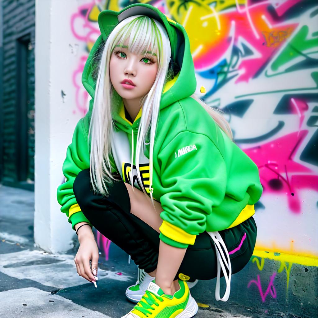  masterpiece, best quality, (detailed, masterpiece, 8k, 8k wallpaper), woman, posing, hoodie, sneakers, thigh highs, ((wordless clothes)), pink BREAK cyber city, korea idol face, beauty face, gym , shiny skin, huge , huge , perfect body, cyberpunk, street, graffiti on walls, neon lights, signs BREAK dark makeup, dark eyes, dark hair, fringe, bangs, (green, white, yellow:1.2), (graffiti wall:1.2), (very wide shot:1.2)