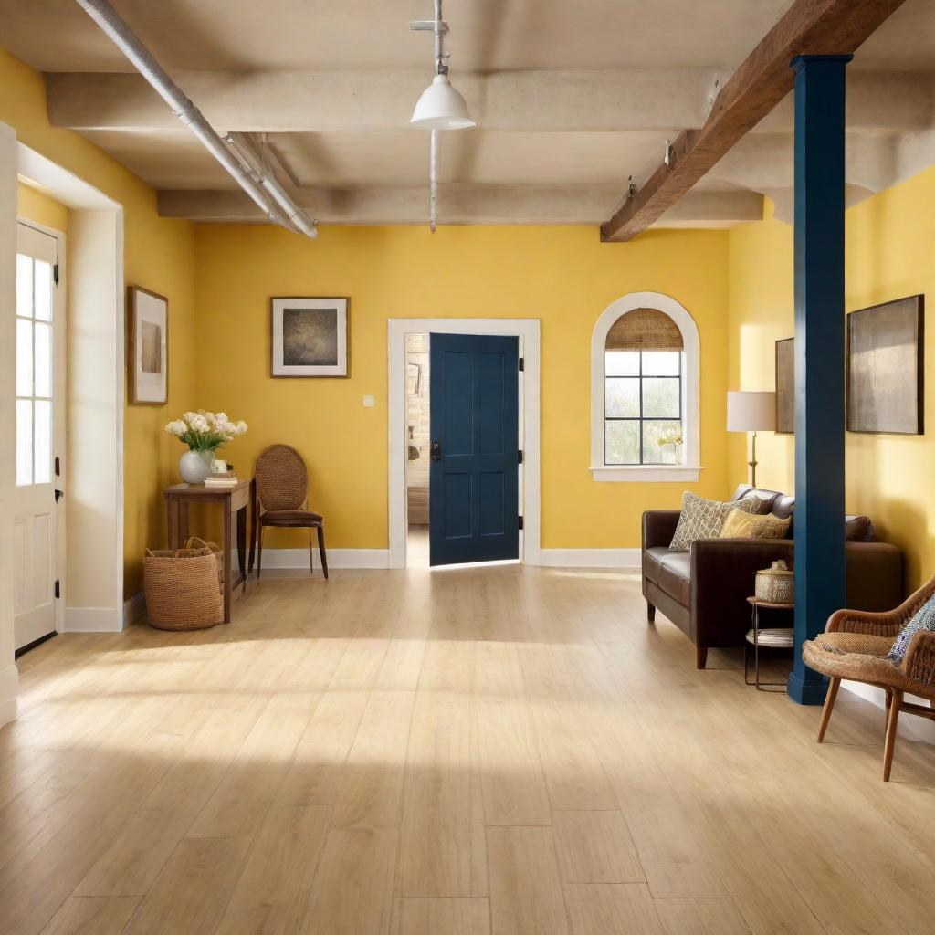  1. Neutral color floor with light yellow and tan walls in a basement setting. 2. Basement with a bold contrast color floor, such as deep blue or forest green, against light yellow and tan walls. 3. Light and airy color for the floor, maintaining an open and spacious feel, with light yellow and tan walls in the basement. 4. Natural wood or wood-look flooring in a basement with light yellow and tan walls. 5. Basement featuring patterned or textured flooring with light yellow and tan walls. hyperrealistic, full body, detailed clothing, highly detailed, cinematic lighting, stunningly beautiful, intricate, sharp focus, f/1. 8, 85mm, (centered image composition), (professionally color graded), ((bright soft diffused light)), volumetric fog, trending on instagram, trending on tumblr, HDR 4K, 8K