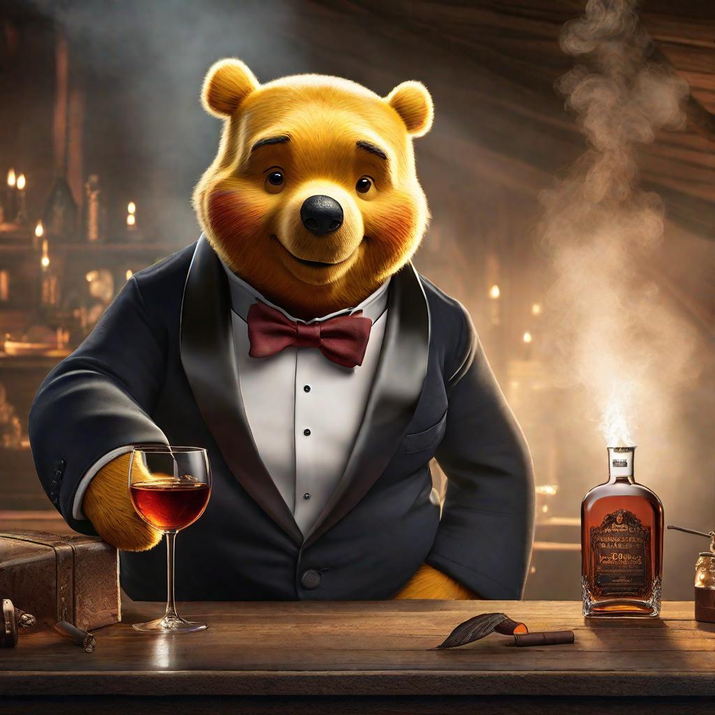  winnie the pooh in a tuxedo, serious look on his face, sitting at a table in a cavern smoking a cigar, a smokey glass of bourbon on the table, rugged, realistic. hyperrealistic, full body, detailed clothing, highly detailed, cinematic lighting, stunningly beautiful, intricate, sharp focus, f/1. 8, 85mm, (centered image composition), (professionally color graded), ((bright soft diffused light)), volumetric fog, trending on instagram, trending on tumblr, HDR 4K, 8K