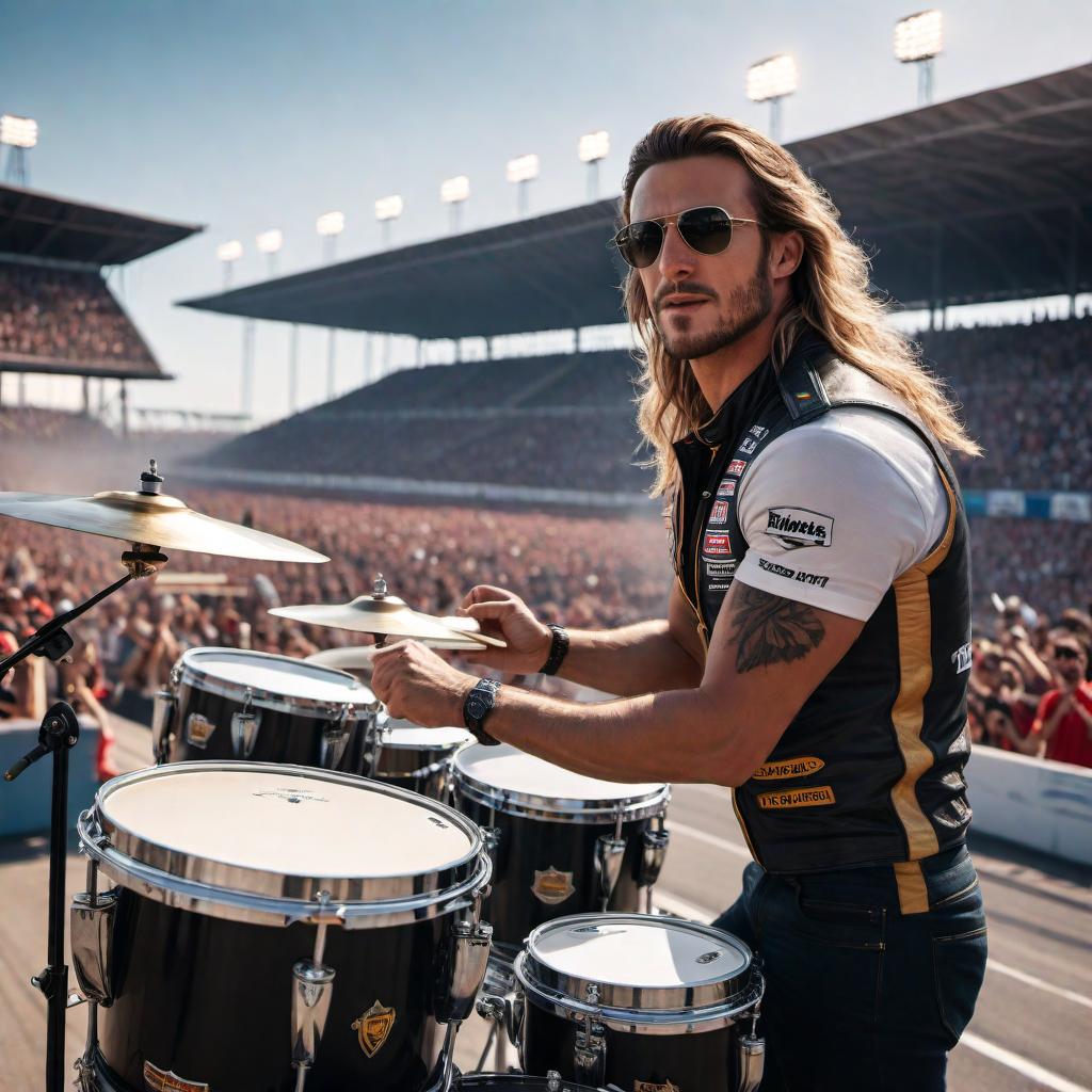  A visual representation of a Facebook post with the text: '🥁 Drumming up a storm at the speedway! 🏁 Rocking out on the drums while cheering on my favorite racers 🤘 #SpeedwayDrummer #MusicalAdrenaline' hyperrealistic, full body, detailed clothing, highly detailed, cinematic lighting, stunningly beautiful, intricate, sharp focus, f/1. 8, 85mm, (centered image composition), (professionally color graded), ((bright soft diffused light)), volumetric fog, trending on instagram, trending on tumblr, HDR 4K, 8K