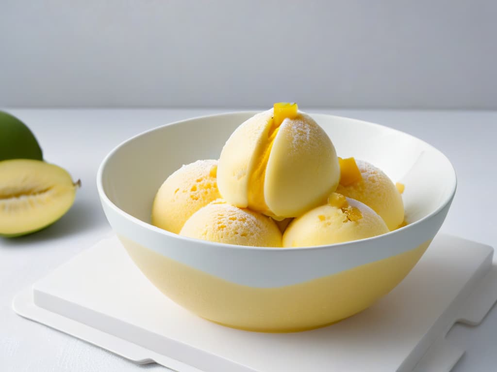  A closeup, ultradetailed image of a scoop of vibrant, freshly scooped mango sorbet, glistening under soft natural light. The sorbet sits elegantly on a sleek, white ceramic dish, showcasing its smooth texture and inviting color. The surface of the sorbet sparkles with tiny ice crystals, hinting at its refreshing chill. The backdrop is a subtle gradient of pastel hues, enhancing the minimalist and sophisticated aesthetic of the scene. hyperrealistic, full body, detailed clothing, highly detailed, cinematic lighting, stunningly beautiful, intricate, sharp focus, f/1. 8, 85mm, (centered image composition), (professionally color graded), ((bright soft diffused light)), volumetric fog, trending on instagram, trending on tumblr, HDR 4K, 8K