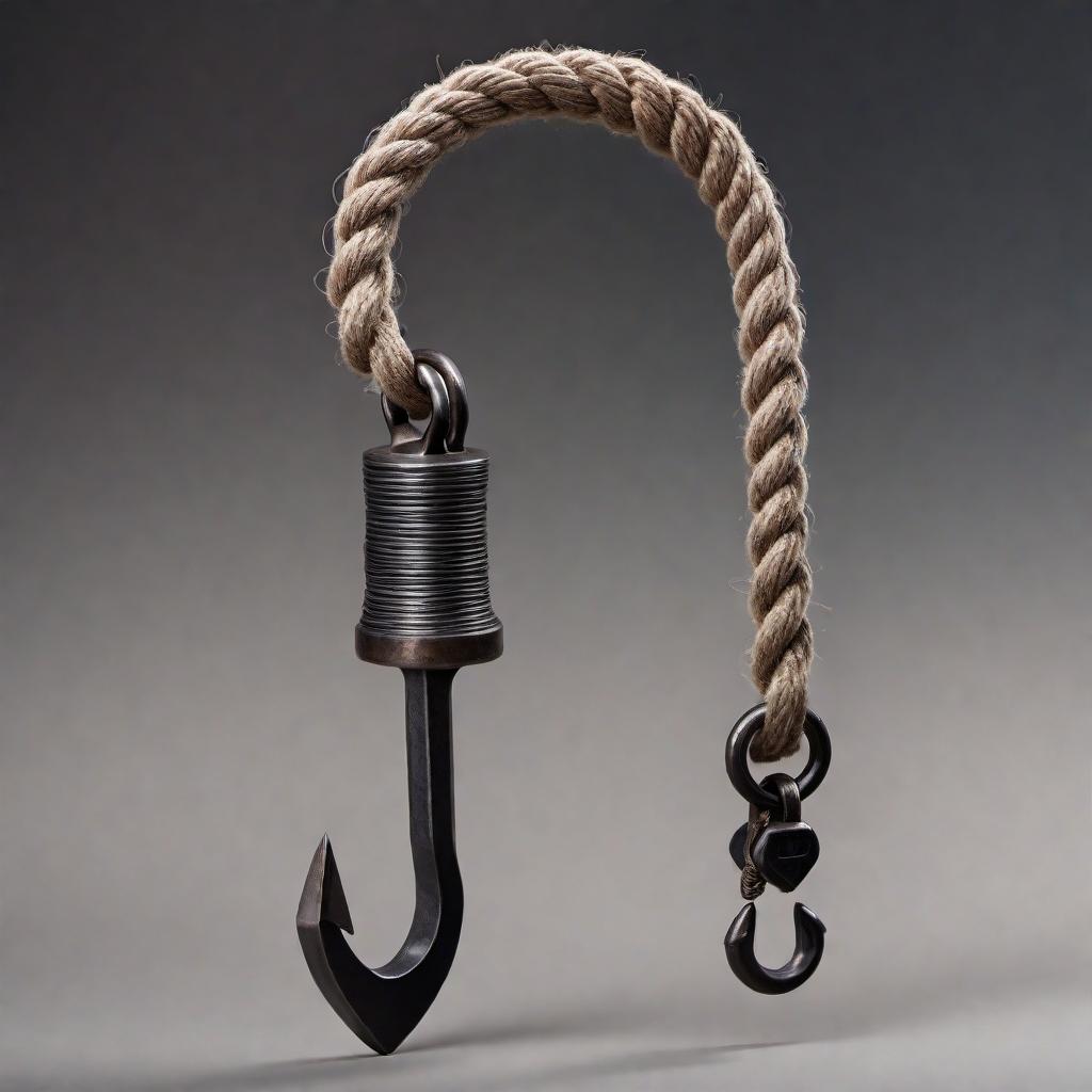  A hand-forged steel grappling hook with three sharp hooks welded onto a central ring. A strong, braided rope is securely tied to the ring of the grappling hook. The metal has a polished finish and the hooks are spaced evenly, demonstrating a design that is both functional and aesthetically pleasing. The rope appears durable and is designed to support heavy weight, suggesting that it is suitable for climbing or practical use. hyperrealistic, full body, detailed clothing, highly detailed, cinematic lighting, stunningly beautiful, intricate, sharp focus, f/1. 8, 85mm, (centered image composition), (professionally color graded), ((bright soft diffused light)), volumetric fog, trending on instagram, trending on tumblr, HDR 4K, 8K