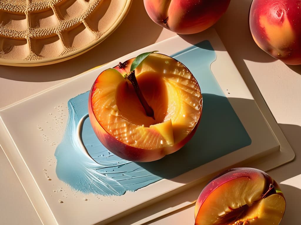  A closeup, ultradetailed image of a ripe, juicy peach being sliced open, showcasing the vibrant orange flesh, glistening with droplets of water under soft natural lighting. The focus is on the intricate details of the peach's textured skin and the succulent fruit inside, evoking a sense of freshness and the essence of summer. hyperrealistic, full body, detailed clothing, highly detailed, cinematic lighting, stunningly beautiful, intricate, sharp focus, f/1. 8, 85mm, (centered image composition), (professionally color graded), ((bright soft diffused light)), volumetric fog, trending on instagram, trending on tumblr, HDR 4K, 8K