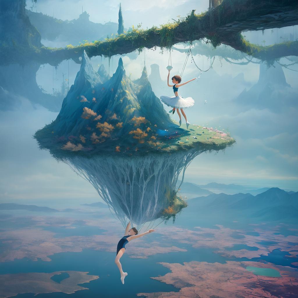  with surrealistic elements, Capture a dreamlike realm where gravity dances in reverse, revealing whimsical landscapes suspended in an ethereal ballet.