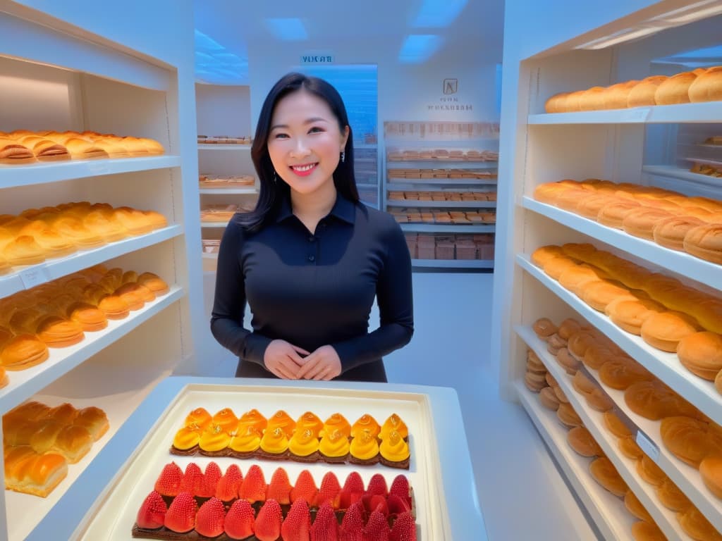  A minimalist and highly detailed image of Joanne Chang standing proudly in her bakery, surrounded by shelves filled with beautifully crafted pastries and cakes. The focus is on her smiling face, radiating with the satisfaction of her success in the world of pastry making. The soft lighting highlights the intricate details of the desserts, showcasing her talent and dedication to her craft. hyperrealistic, full body, detailed clothing, highly detailed, cinematic lighting, stunningly beautiful, intricate, sharp focus, f/1. 8, 85mm, (centered image composition), (professionally color graded), ((bright soft diffused light)), volumetric fog, trending on instagram, trending on tumblr, HDR 4K, 8K